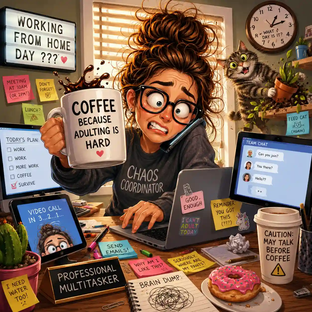 Work-from-Home Chaos Caricature
